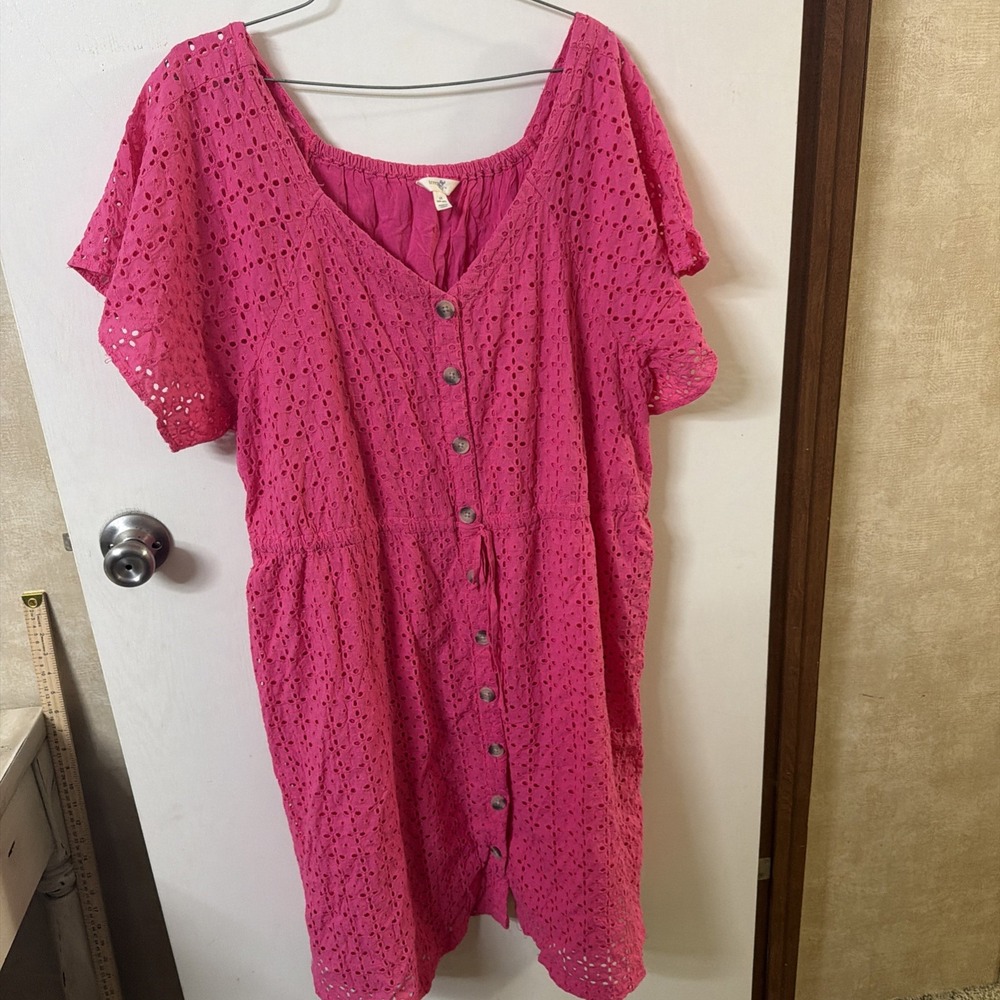 Womens 1X 16W-18W Pink Flutter Woven Dress Terra & Sky EUC